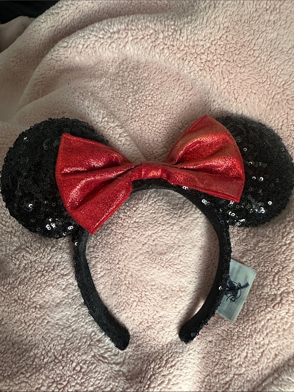 Disney Black Sequin Mouse Ear Headband with Shiny Red Bow